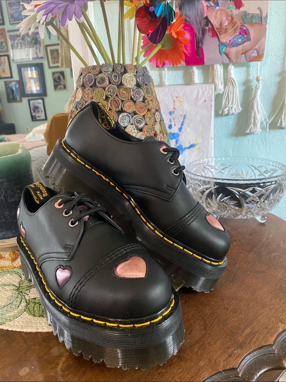 Dr. Martens Black Leather Platform Oxfords with Pink Heart Cutouts